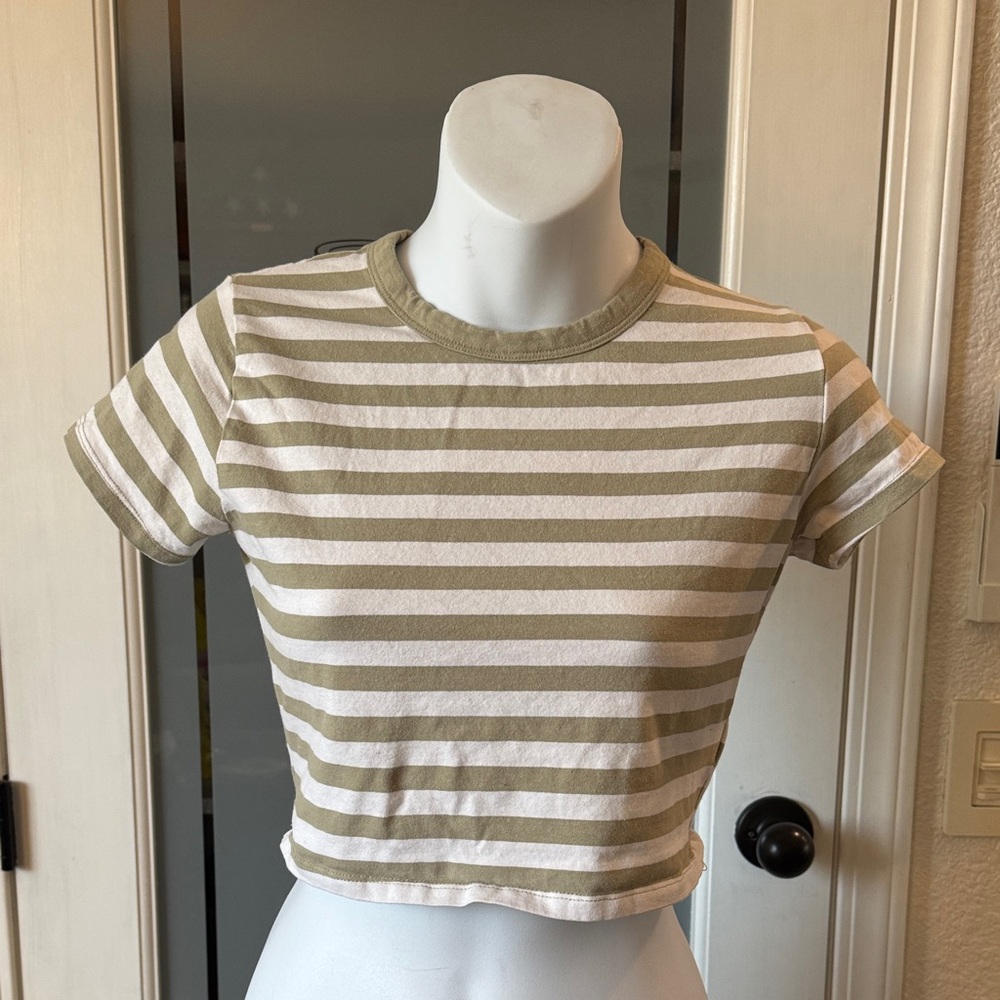 Cotton On Olive and White Striped Short Sleeve Tee